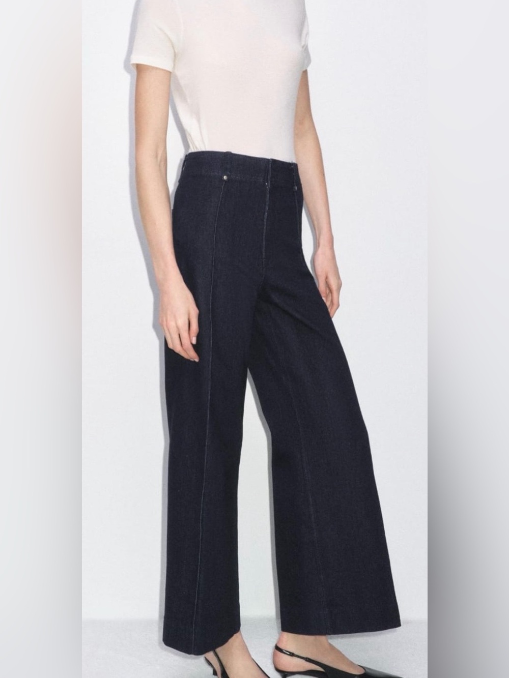 NWT Zara ZW Tailored Wide Leg Jeans Dark Wash Seam Detail High Rise Size 6